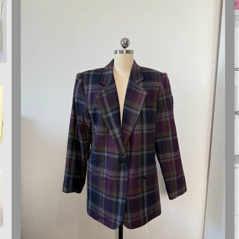 Vintage 90s Sag Harbor Women's Purple Plaid Oversized Blazer  size 8